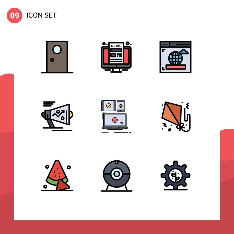 Mobile Schnittstelle Filledline Flat Color Set von 9 Piktogrammen von Computer-Strategie-Bildschirm-Lautsprecher-Marketing-editierbaren Vektordesign-Elementen vektor