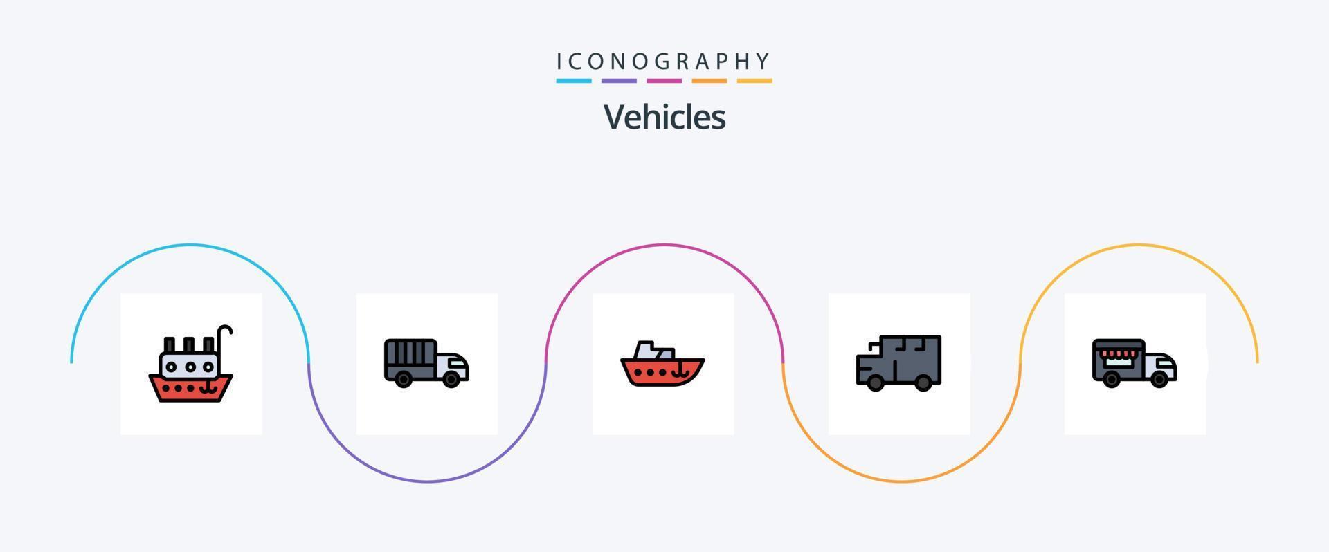 Fahrzeuglinie gefülltes Flat 5 Icon Pack inklusive Shop auf Rädern. Fahrzeuge. Boot. Transport. Bus vektor