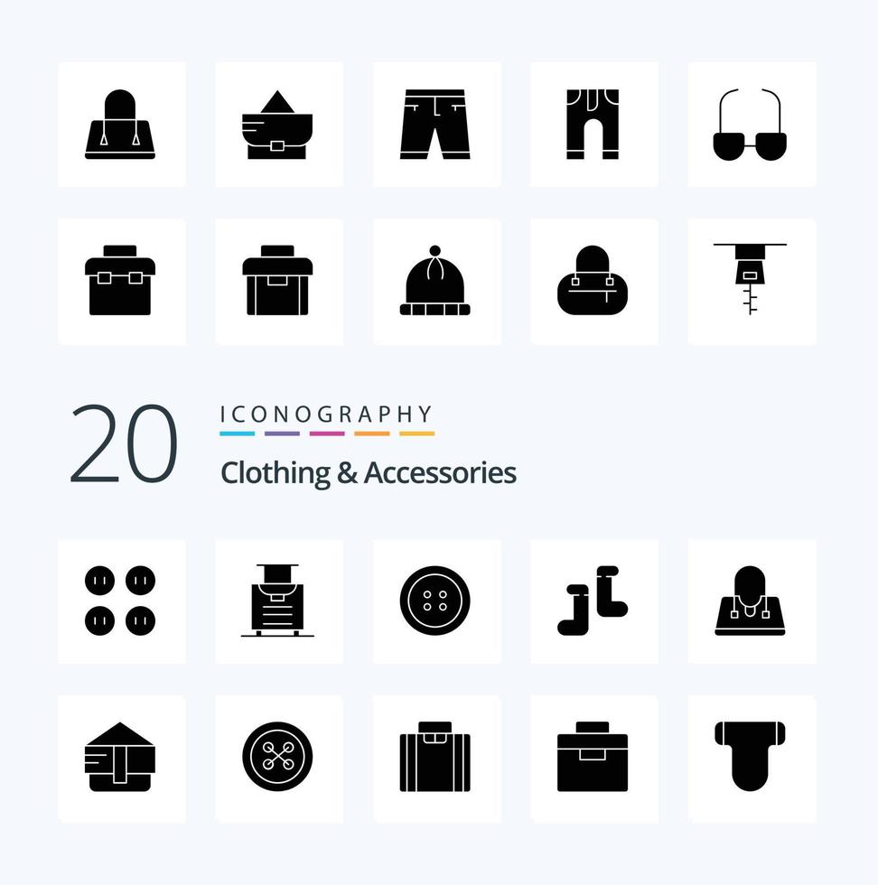 20 Kleidungszubehör Solid Glyph Icon Pack wie Aktentaschenverschluss Babykleidung Geldbörse vektor