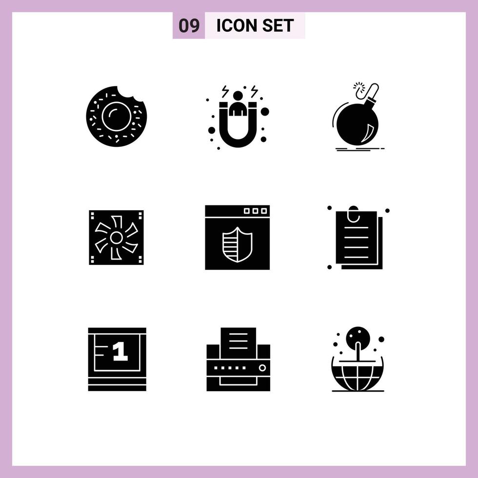 moderner Satz von 9 soliden Glyphen-Piktogrammen von Browser-Gerät-Boom-Kühler-Kühler-Lüfter editierbare Vektordesign-Elemente vektor