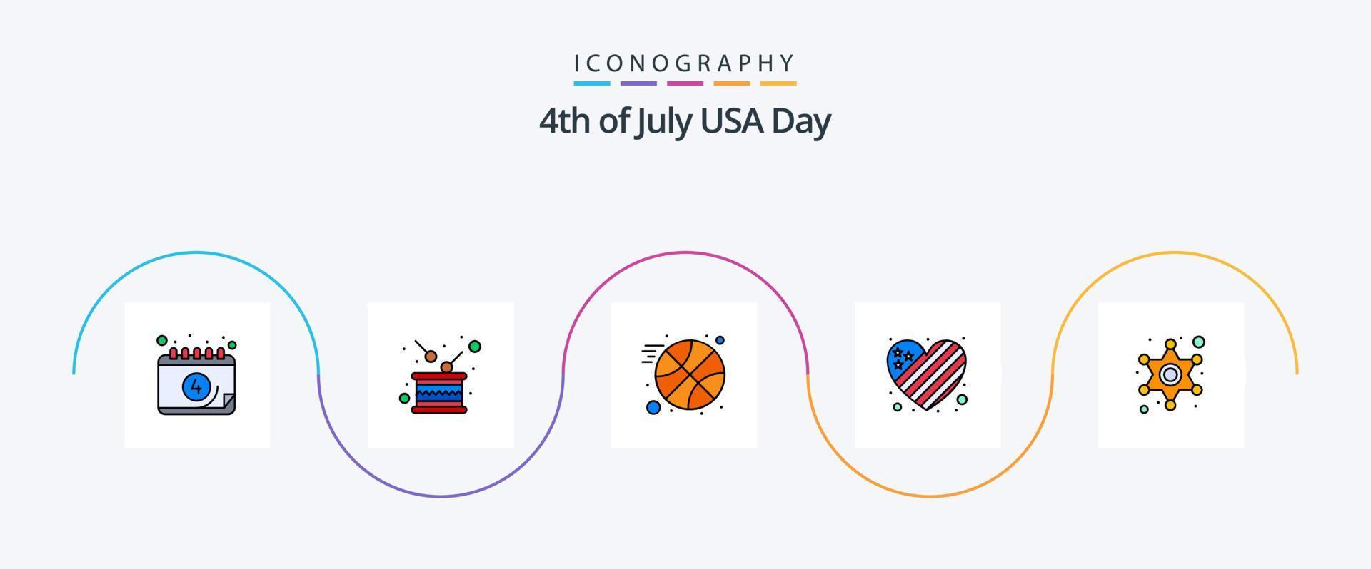 USA linje fylld platt 5 ikon packa Inklusive polis. kärlek. oberoende. hjärta. amerikan vektor