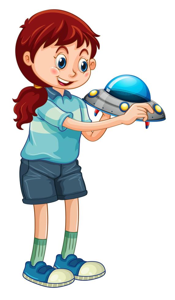ein Mädchen, das UFO-Spielzeugkarikaturfigur lokalisiert auf weißem Hintergrund hält vektor