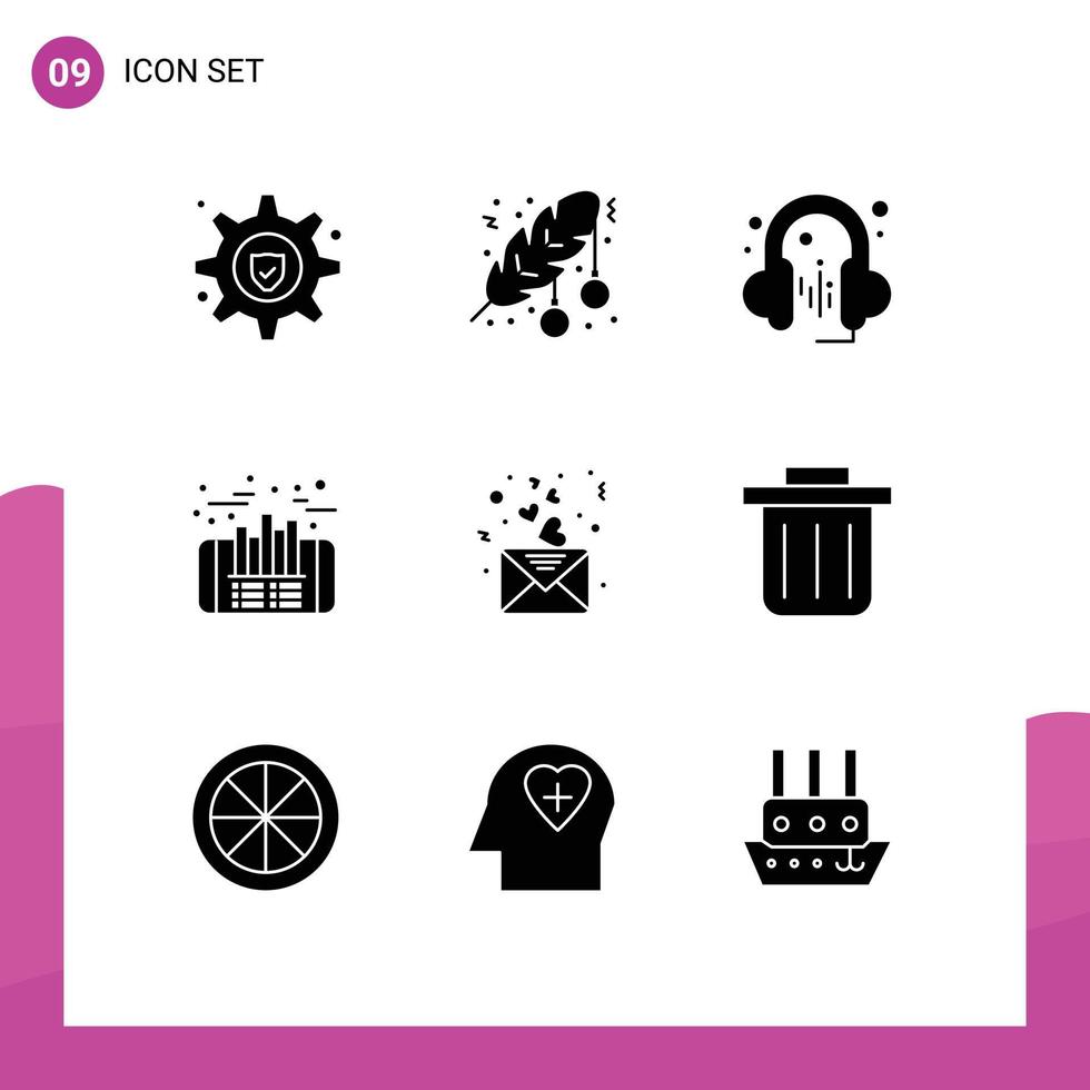9 användare gränssnitt fast glyf packa av modern tecken och symboler av kärlek dag hörlurar finansiera investering redigerbar vektor design element