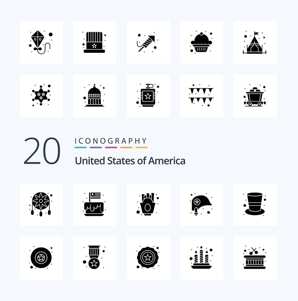 20 USA Solid Glyph Icon Pack wie American Protection USA Helmnahrung vektor