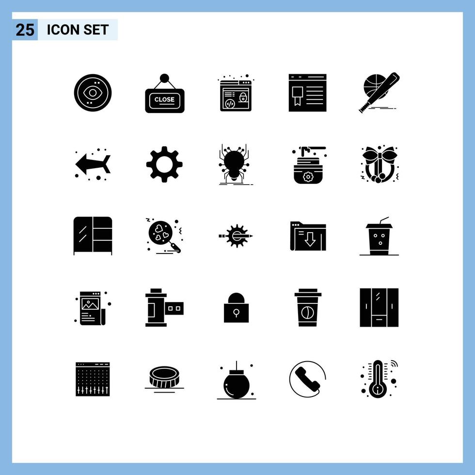 25 tematiska vektor fast glyfer och redigerbar symboler av baseboll sida stänga utveckling browser redigerbar vektor design element