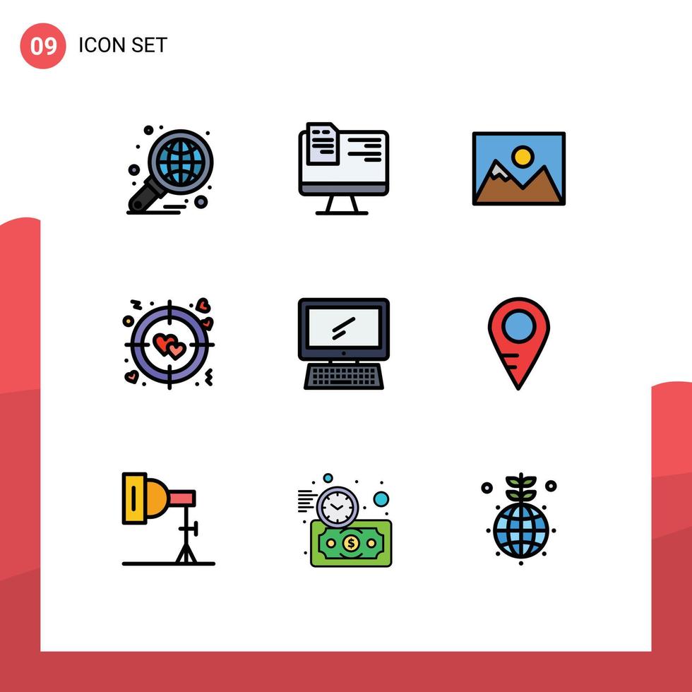 uppsättning av 9 modern ui ikoner symboler tecken för övervaka mål uppkopplad kärlek fotografi redigerbar vektor design element