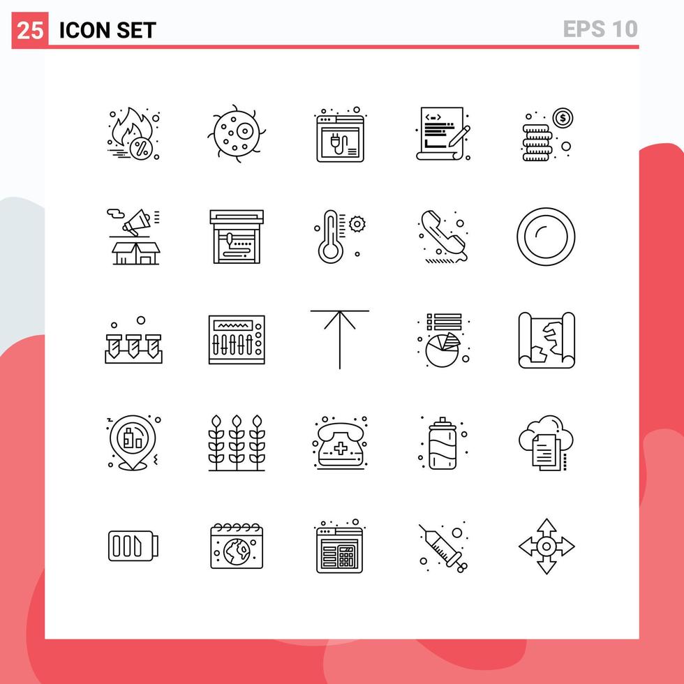 Stock Vector Icon Pack mit 25 Zeilen Zeichen und Symbolen für Münzen Web-Codierung Internet-Programmierung Codierung editierbare Vektordesign-Elemente