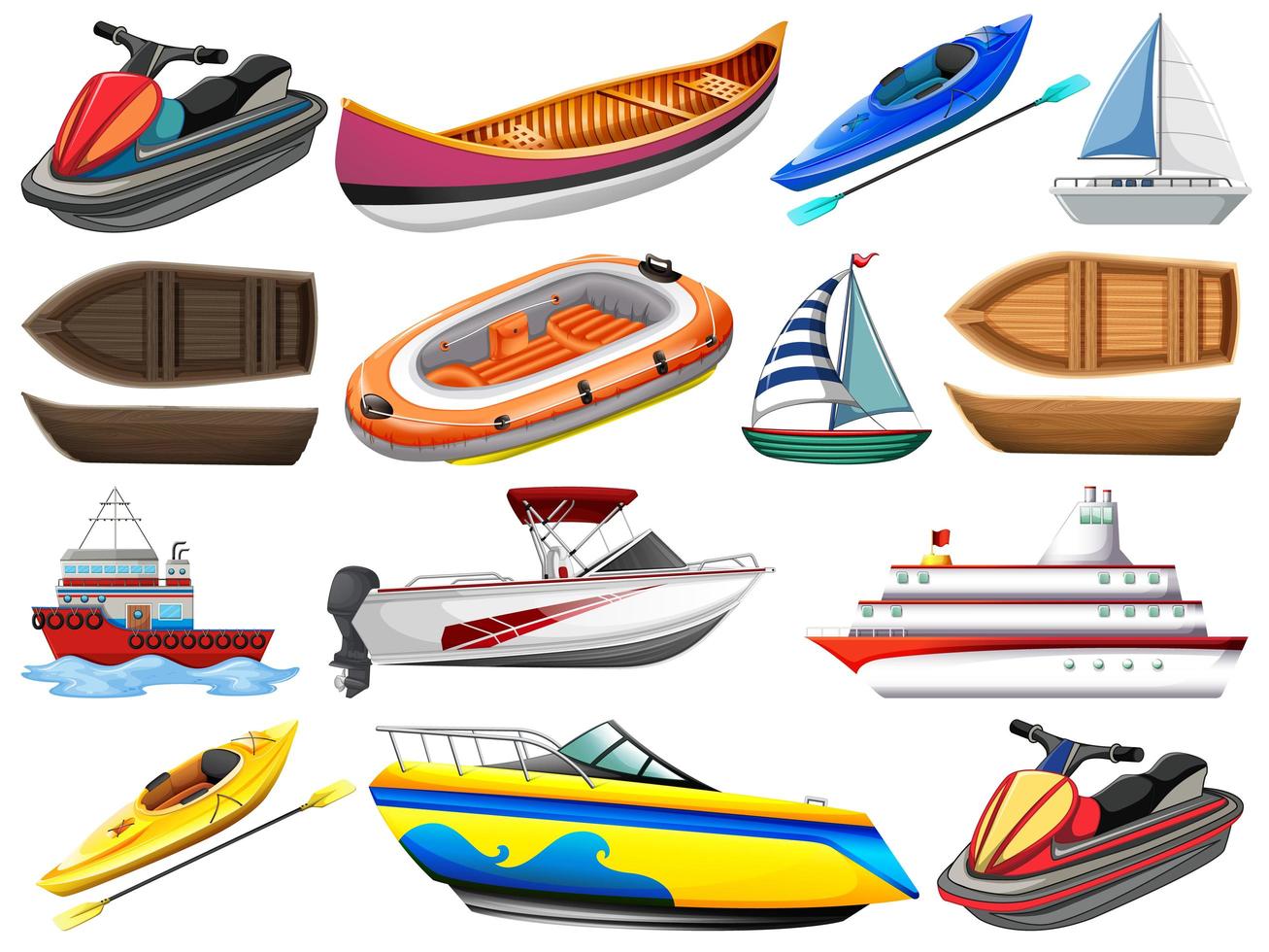 Satz verschiedene Arten von Booten und Schiff lokalisiert auf weißem Hintergrund vektor
