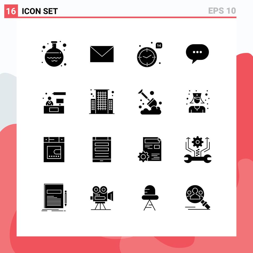 uppsättning av 16 vektor fast glyfer på rutnät för hört bubbla tid meddelande chatt redigerbar vektor design element