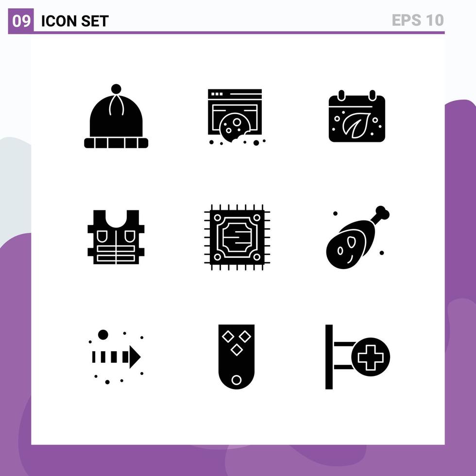 redigerbar vektor linje packa av 9 enkel fast glyfer av processor cpu jord säkerhet jacka redigerbar vektor design element
