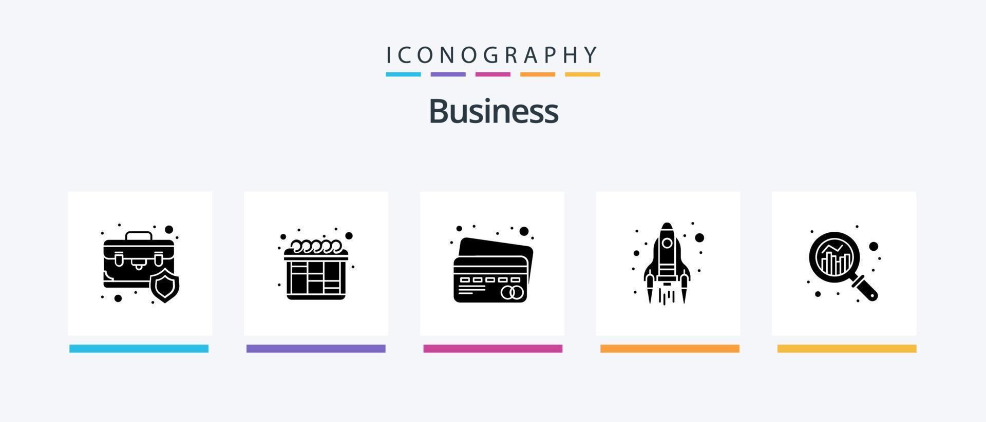 Business Glyph 5 Icon Pack inklusive Suche. Analyse. Karte. starten. Anfang. kreatives Symboldesign vektor