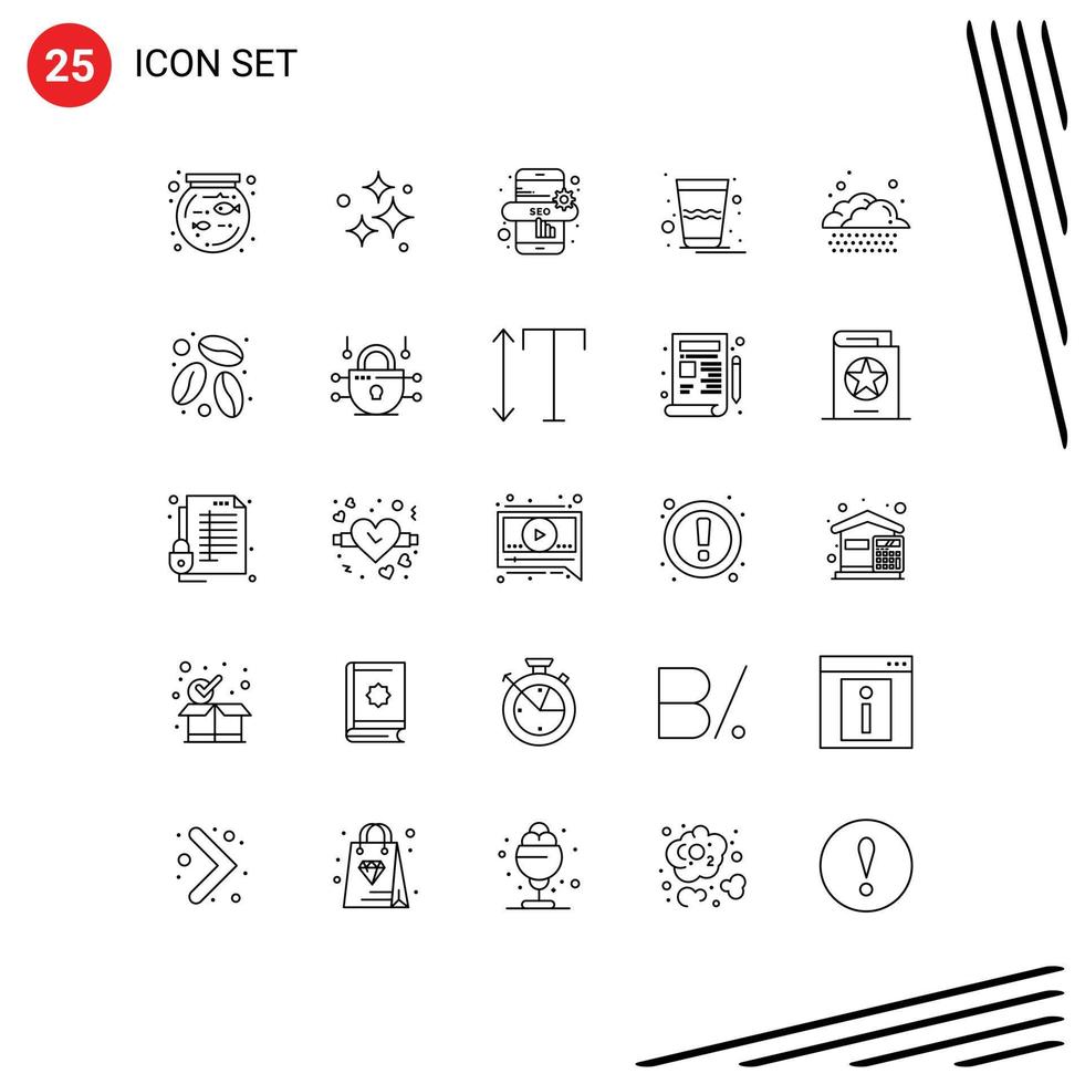 25 thematische Vektorlinien und editierbare Symbole der Koffeinregen-Marketingwolke Indien editierbare Vektordesign-Elemente vektor