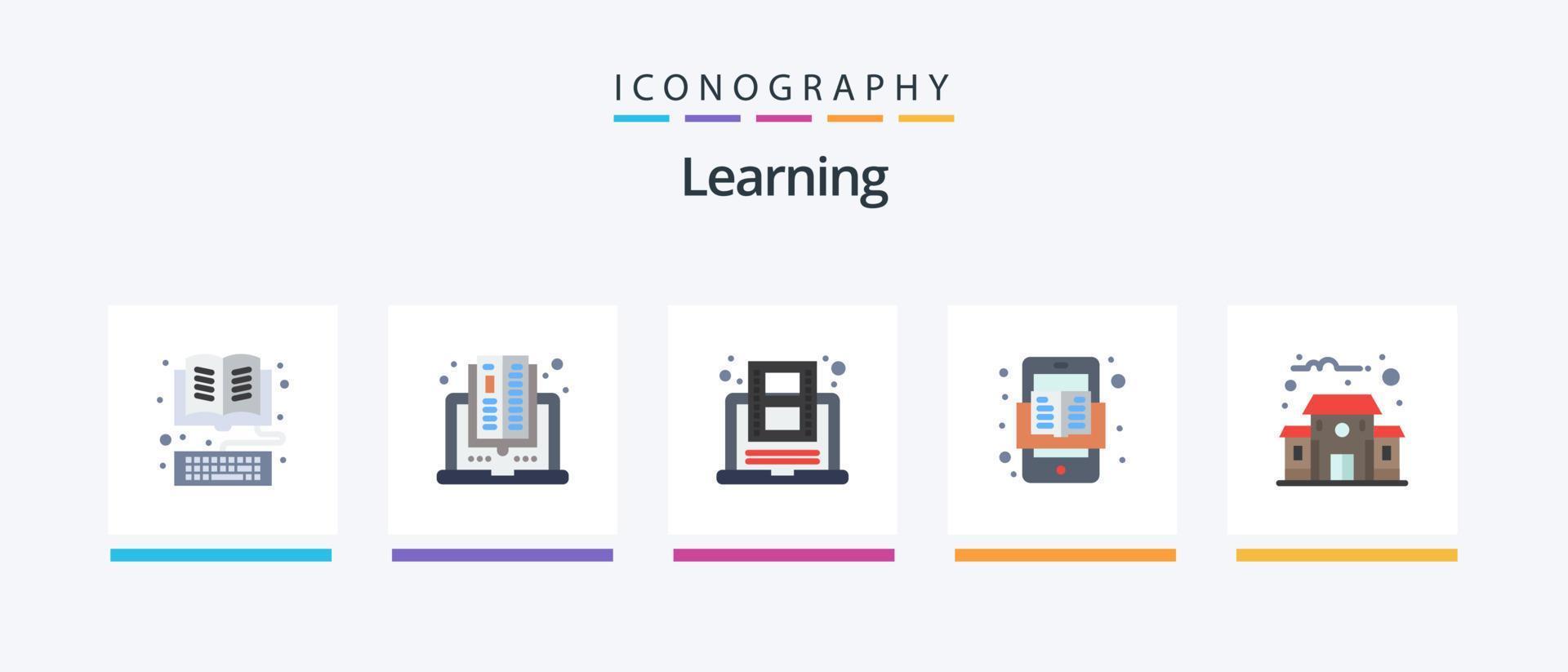 Learning Flat 5 Icon Pack inklusive Lesen. Handy, Mobiltelefon. lesen. Buchen. Video. kreatives Symboldesign vektor