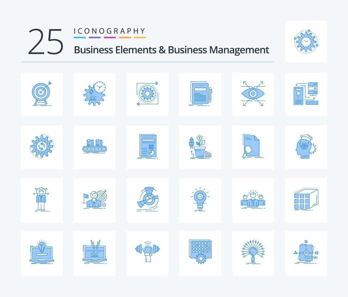 Geschäftselemente und Unternehmensführung 25 blaue Symbolpakete einschließlich Papier. dokumentieren. Prozess. Unternehmen. Betrieb vektor
