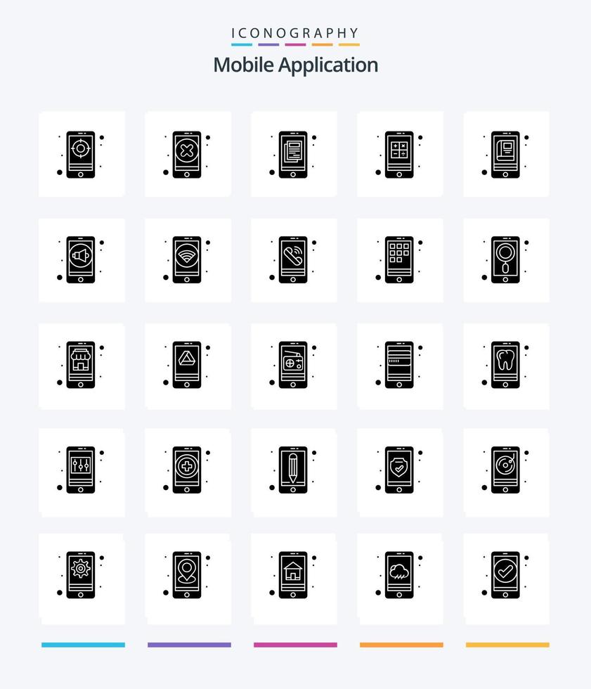 kreativ mobil Ansökan 25 glyf fast svart ikon packa sådan som bok. samspel. Ansökan. kulkulator. app vektor