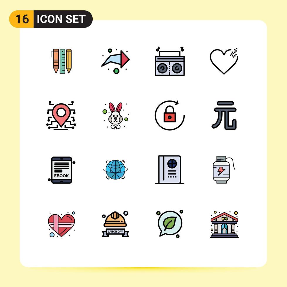 Gruppe von 16 flachen, farbgefüllten Linien Zeichen und Symbolen für den Musikstandort des Sicherheitsprozessors gebrochen editierbare kreative Vektordesign-Elemente vektor