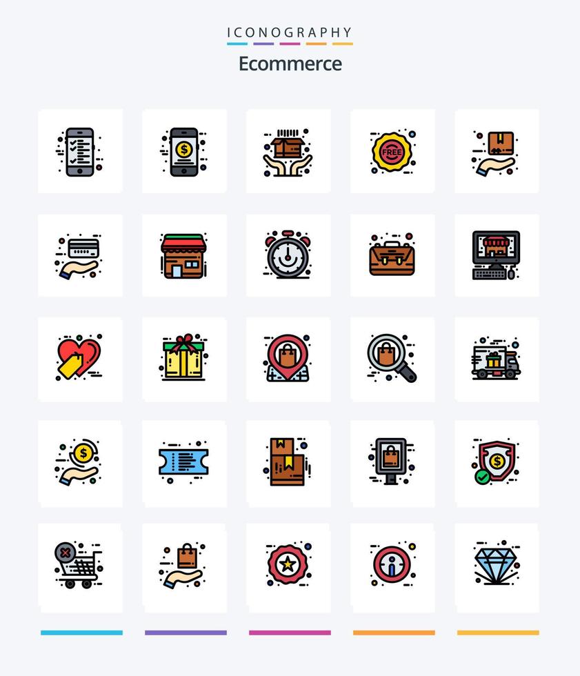 kreativ e-handel 25 linje fylld ikon packa sådan som hand. låda. e-handel. skydd. klistermärke vektor
