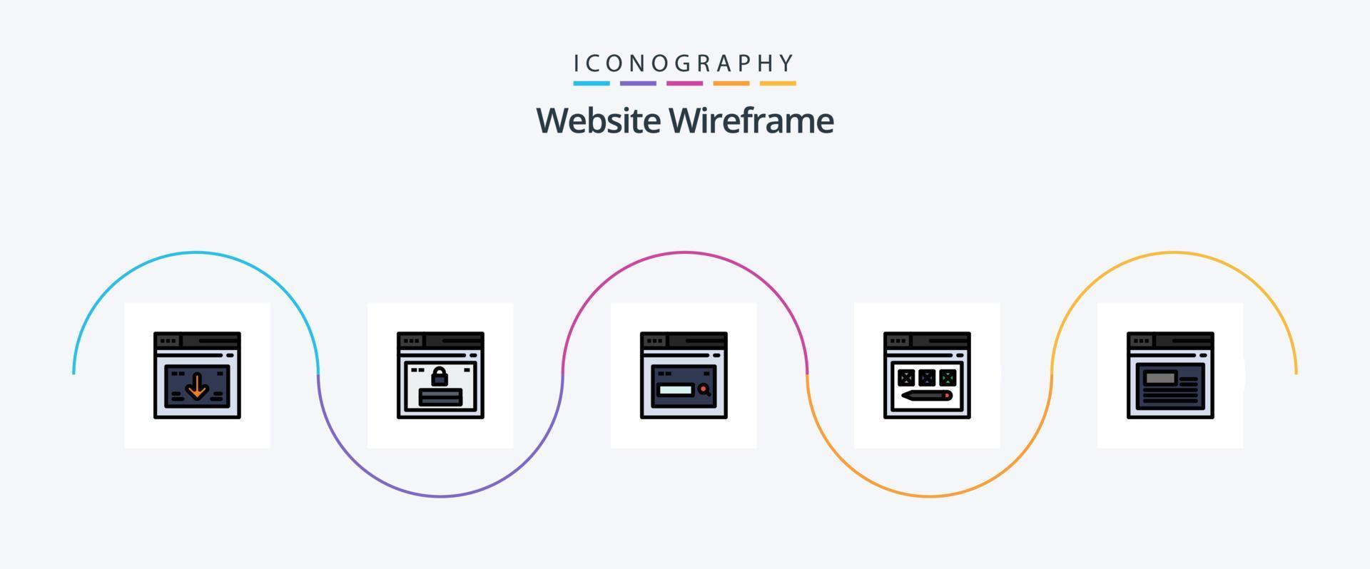 Website-Drahtmodelllinie gefülltes flaches 5-Icon-Paket einschließlich Web. Internet. Webseite. Suche. Netz vektor