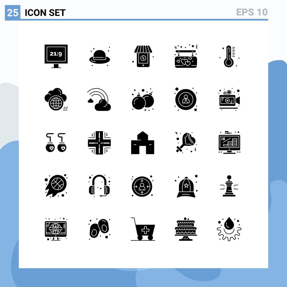 mobile Schnittstelle solider Glyphensatz von 25 Piktogrammen von Regentemperatur-Shopping heiß hängenden editierbaren Vektordesign-Elementen vektor