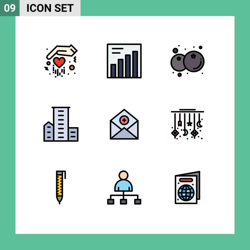 Set mit 9 kommerziellen Filledline-Flachfarben-Packs für die Kommunikation Fügen Sie gesundes Hinzufügen von Gehäusen hinzu editierbare Vektordesign-Elemente vektor