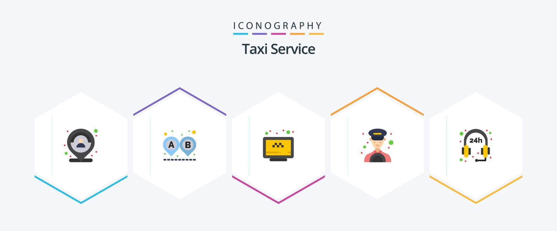 Taxi-Service 25 Flat Icon Pack inklusive Öffnungszeiten. Treiber. Fahrt. Wagen. Buchung vektor