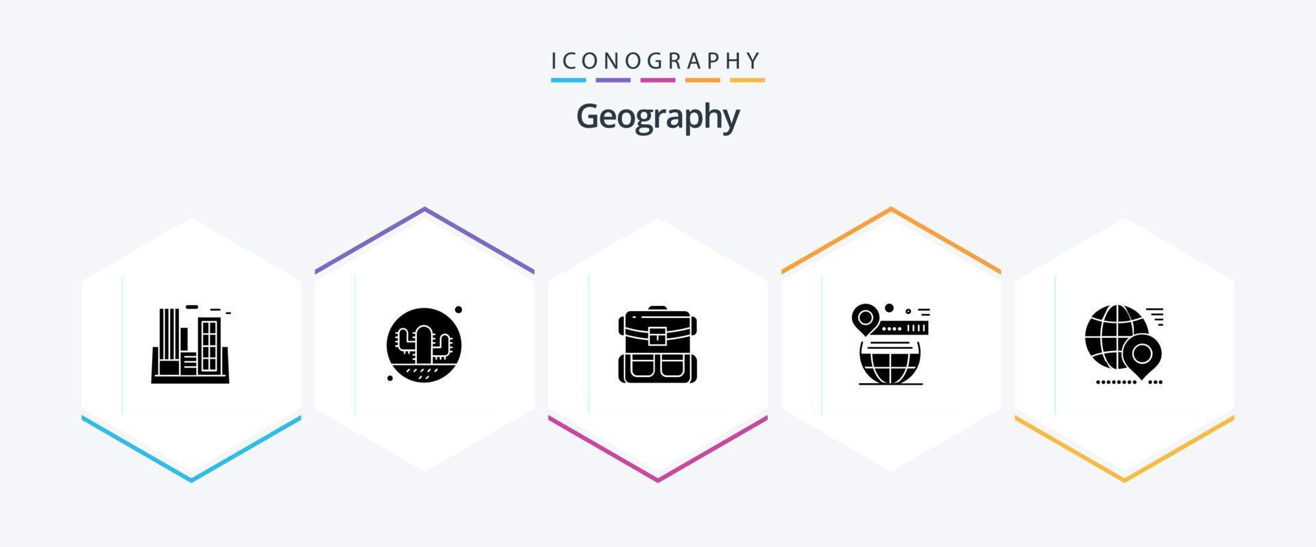 Geographie 25 Glyphen-Icon-Pack einschließlich Welt. Karte. Pflanze, Anlage. wandern. Tasche vektor