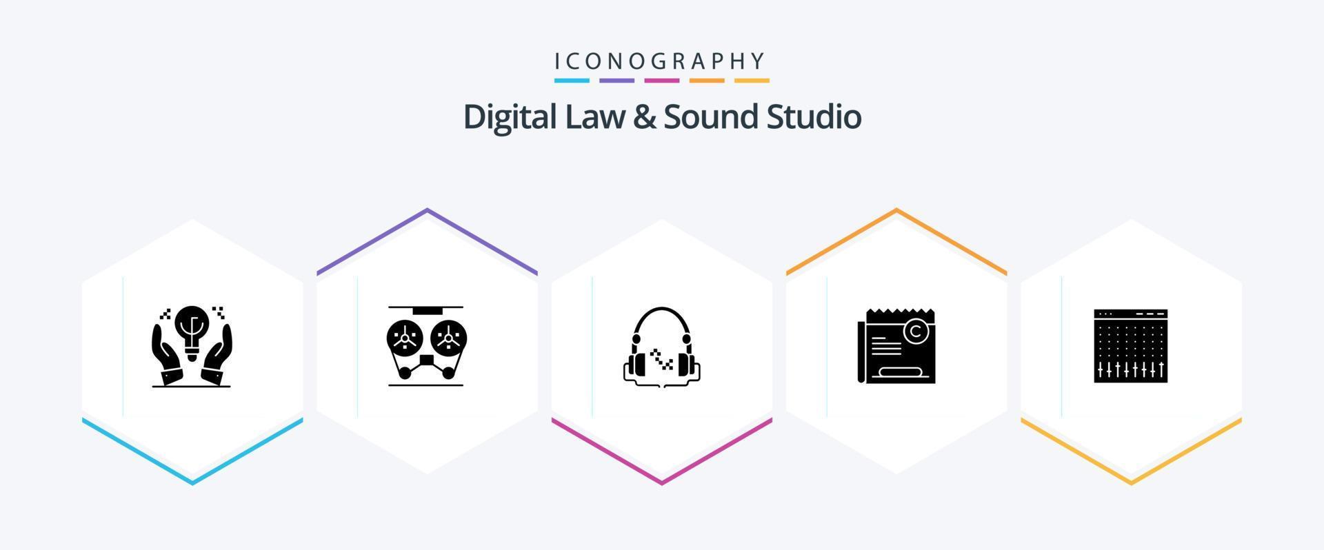Digital Law and Sound Studio 25 Glyphen-Icon-Pack inklusive Datei. Beschränkung. Spule. Urheberrechte ©. Hand frei vektor