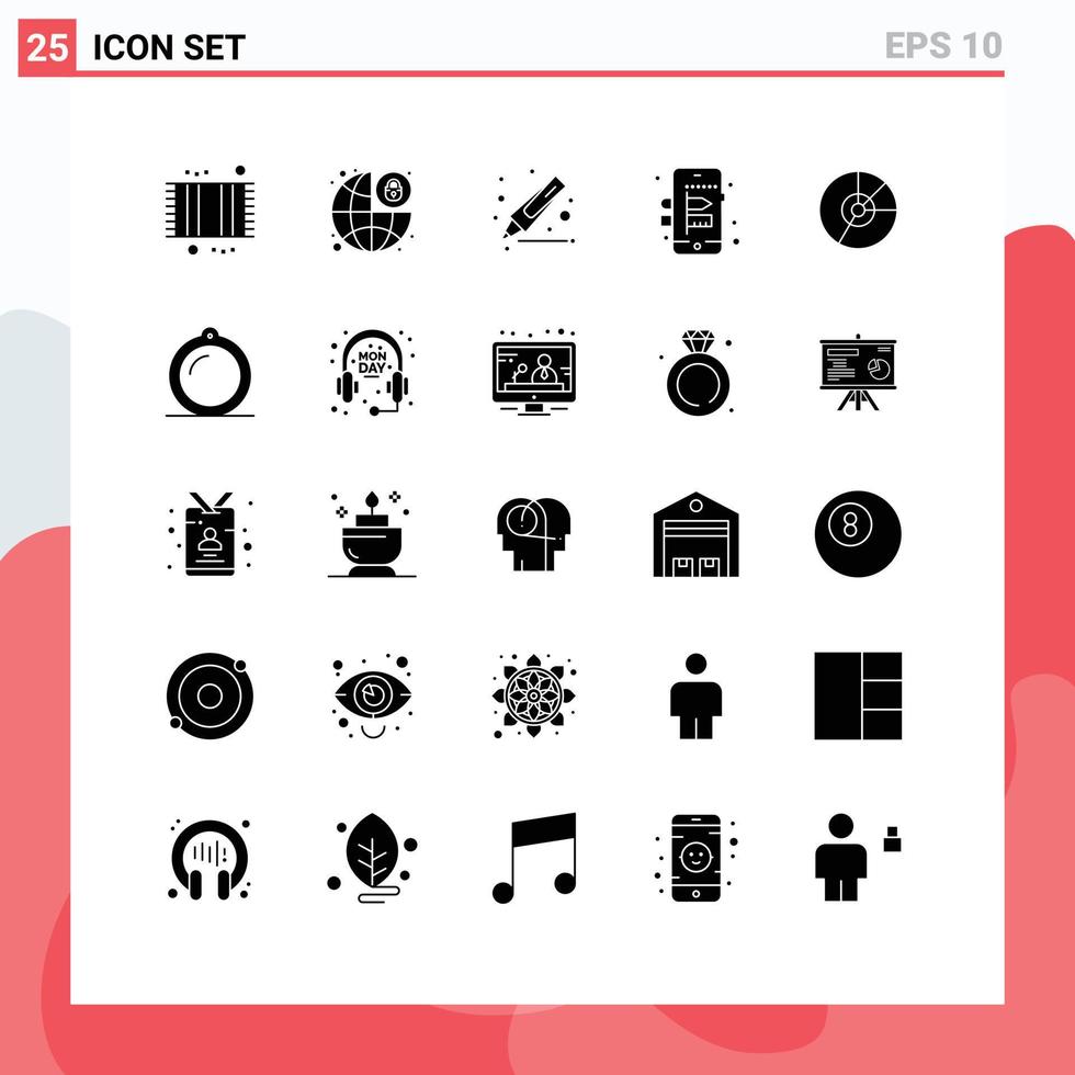 Benutzeroberflächenpaket mit 25 grundlegenden soliden Glyphen von Chart Pie Security Process Mobile editierbare Vektordesign-Elemente vektor