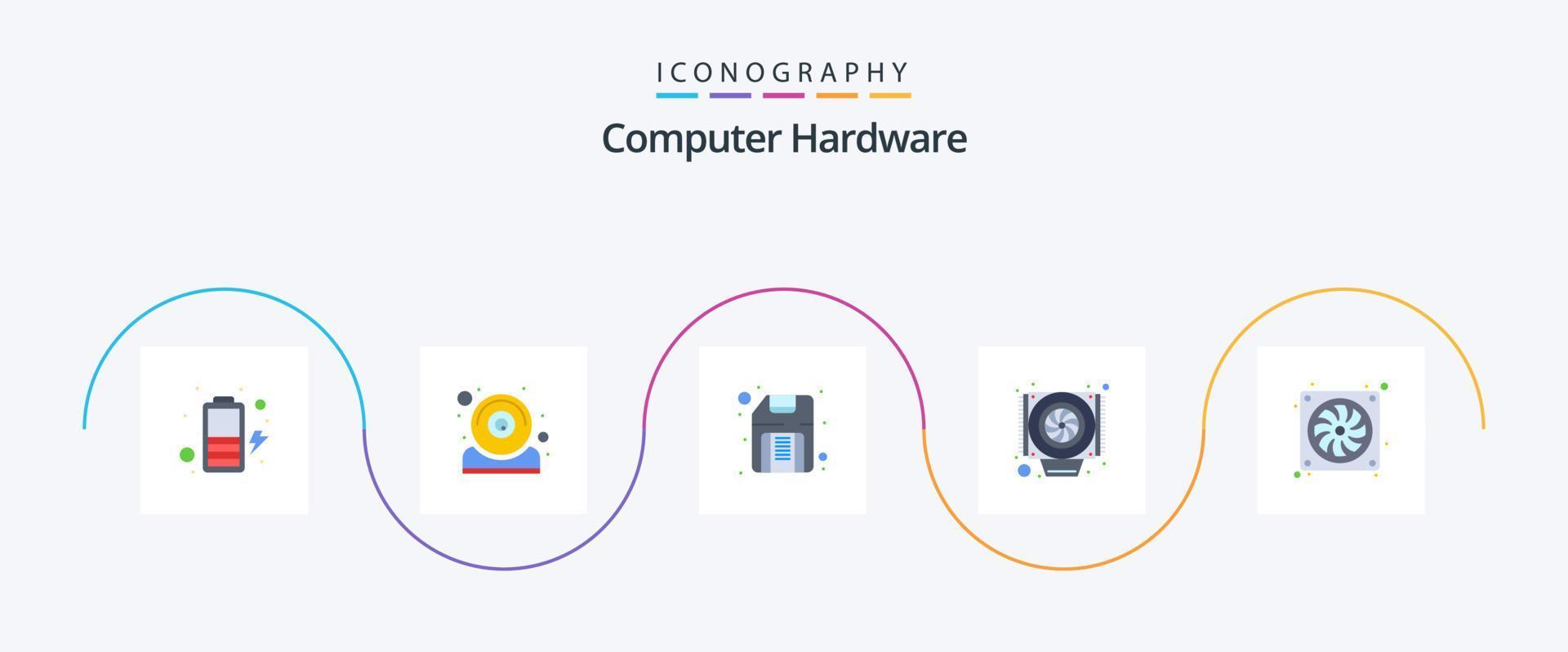 Computerhardware-Flat-5-Icon-Pack einschließlich Hardware. Rechner. Scheibe. Gehäuse. Kühler vektor