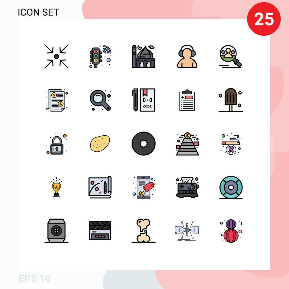 25 fylld linje platt Färg begrepp för webbplatser mobil och appar profil hörlurar masjid man avatar redigerbar vektor design element