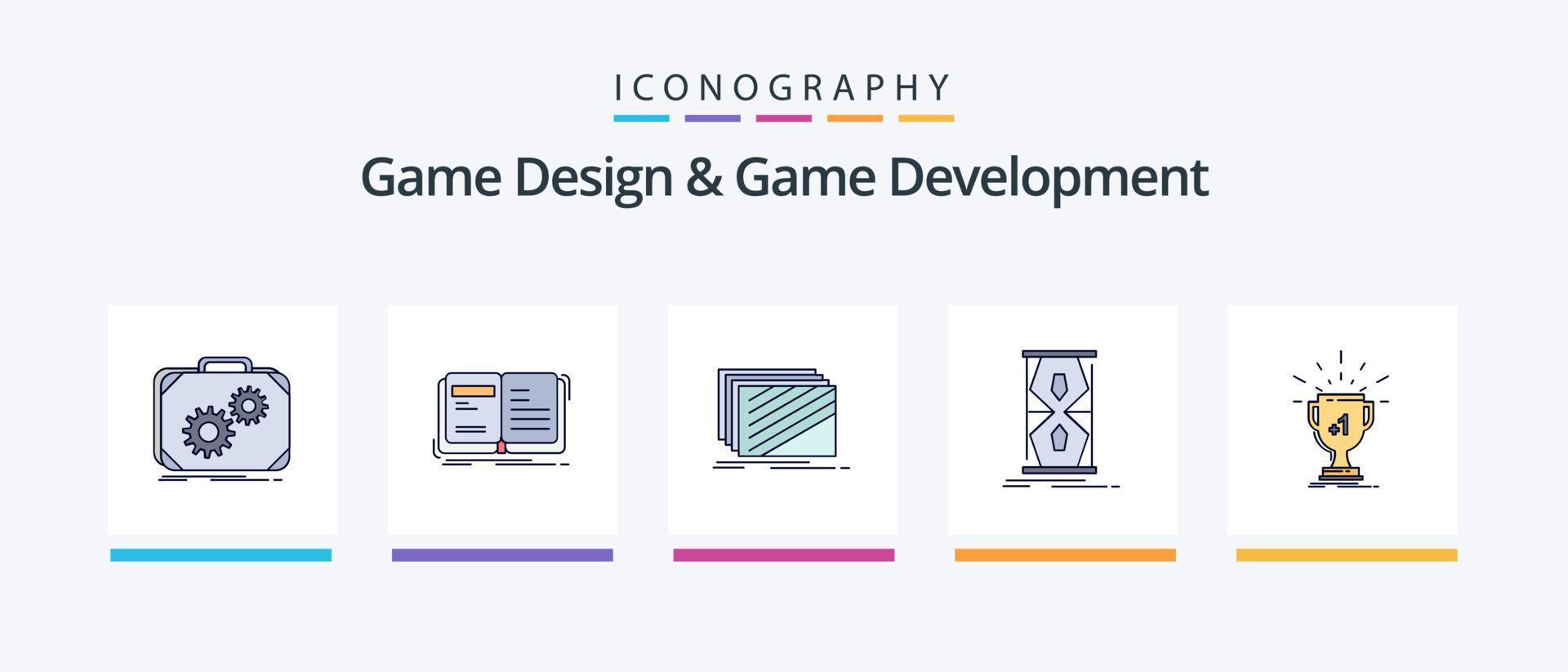 spel design och spel utveckling linje fylld 5 ikon packa Inklusive spel. kolla upp. textur. publicering. spel. kreativ ikoner design vektor