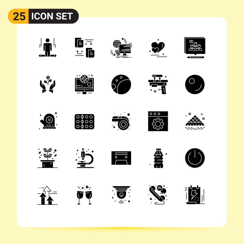 Gruppe von 25 modernen soliden Glyphen, die für die Analyse eingestellt sind. Paarzugriff Liebessicherheit editierbare Vektordesign-Elemente vektor