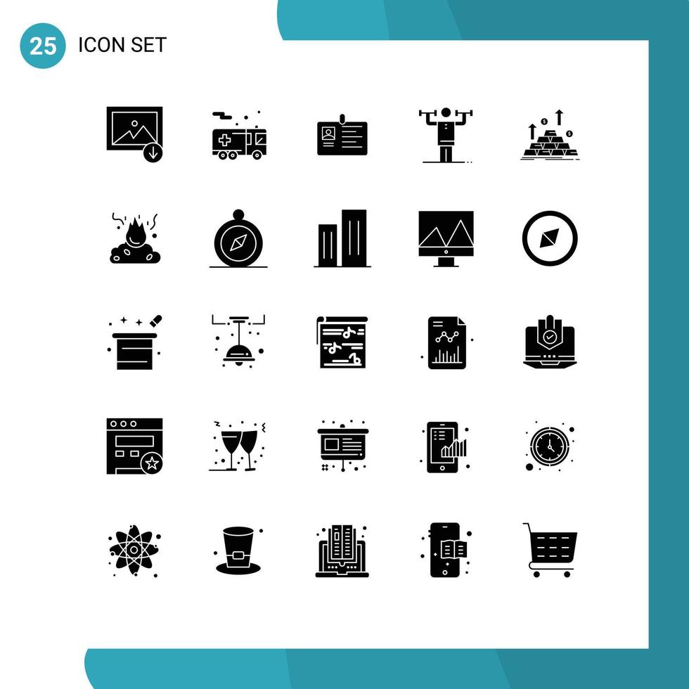 25 solides Glyphenkonzept für mobile Websites und Apps für physische Disziplin, Geschäftsaktivität, Identität, bearbeitbare Vektordesignelemente vektor