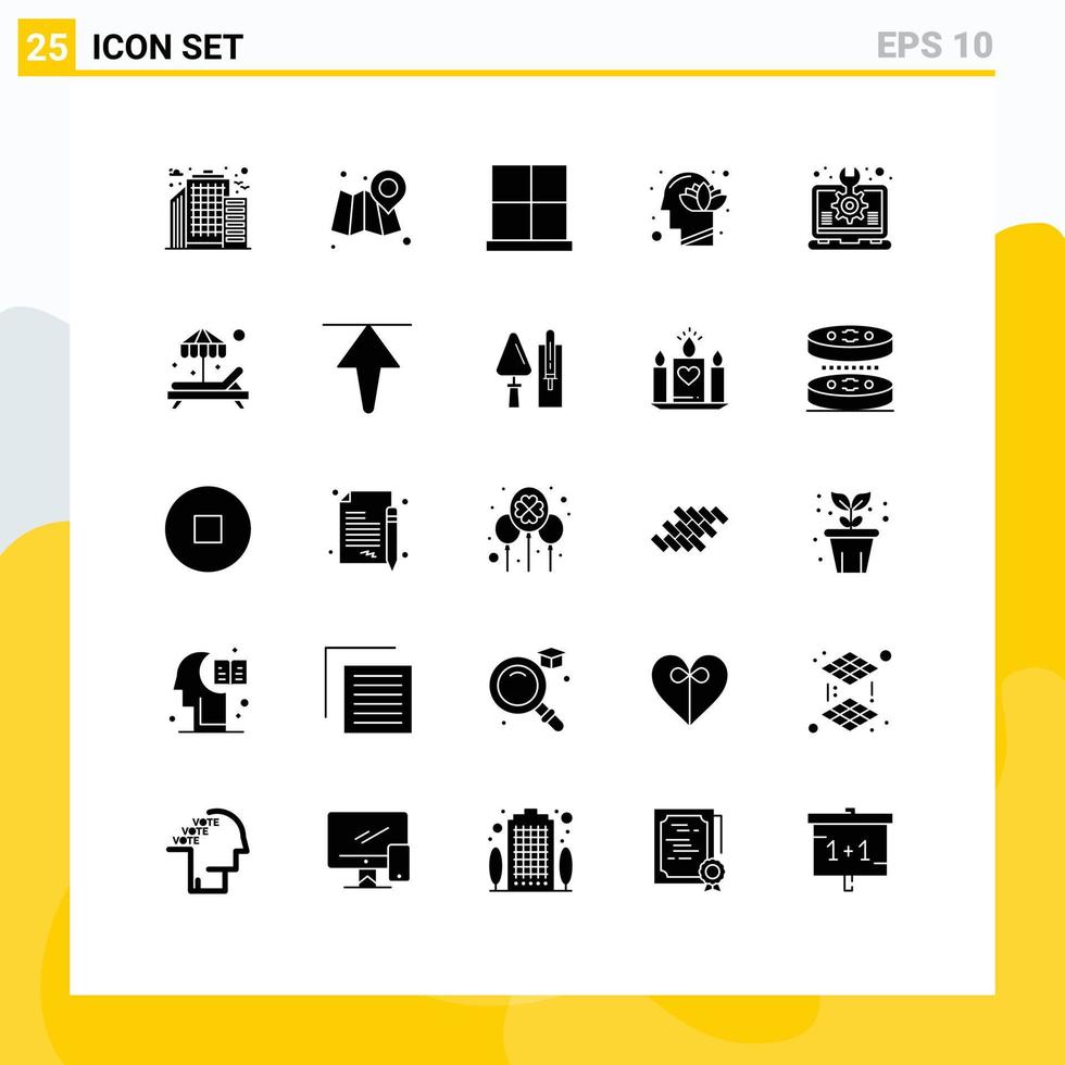 Gruppe von 25 modernen soliden Glyphen für Design Mind Gate Lotuskopf editierbare Vektordesign-Elemente vektor