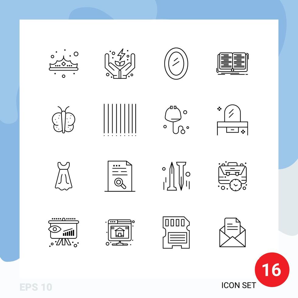 universelle Symbolsymbole Gruppe von 16 modernen Umrissen von bearbeitbaren Vektordesign-Elementen für das Studium, Bildung, Pflegebuch, Haushalt vektor