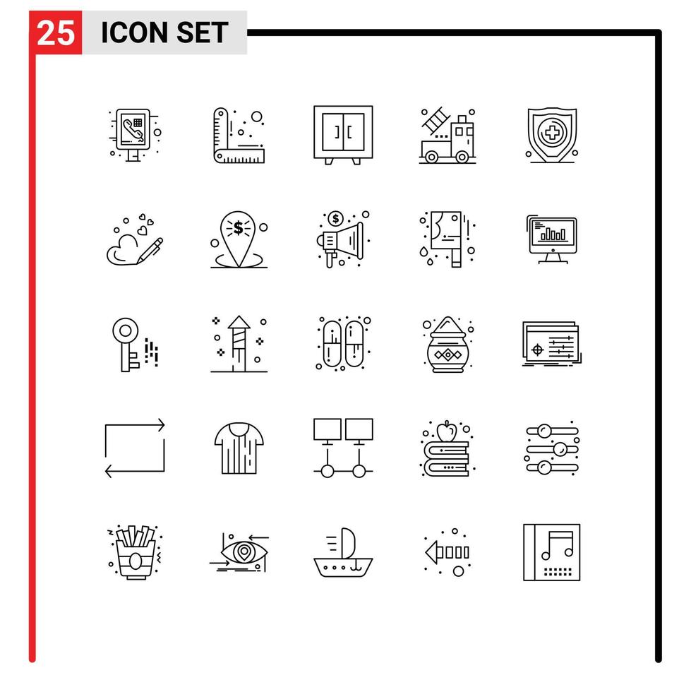 mobile schnittstellenlinie satz von 25 piktogrammen von sicherheitsversicherungsmöbeln transparenter lkw editierbare vektordesignelemente vektor