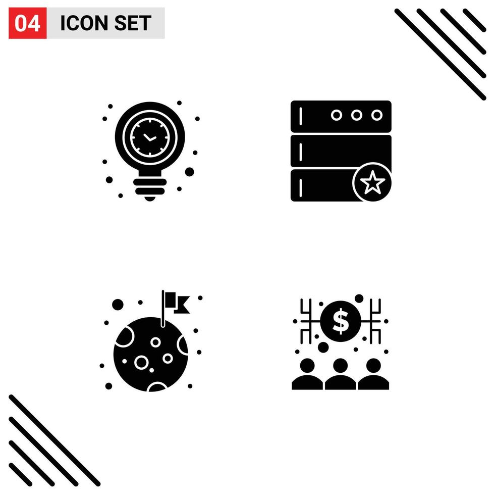 Gruppe von 4 modernen soliden Glyphen, die für editierbare Vektordesign-Elemente des Uhrmondlichts Lieblingsplaneten festgelegt wurden vektor