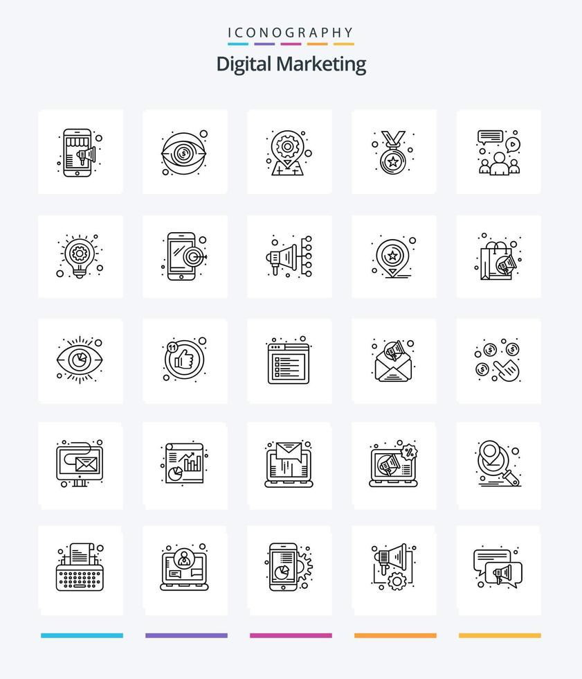 kreativ digital marknadsföring 25 översikt ikon packa sådan som grupp. vinnare. redskap. medalj. stift vektor