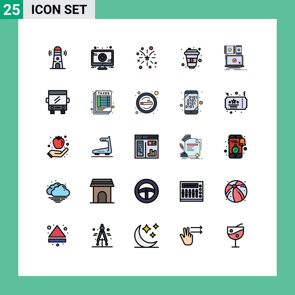 mobile schnittstelle gefüllt linie flache farbe satz von 25 piktogrammen von mobilen computer feuer designer trinken editierbare vektordesignelemente vektor