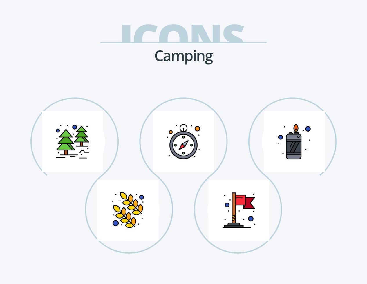 Camping-Linie gefüllt Icon Pack 5 Icon-Design. . Navigation. Sonne. Logistik. Baum vektor