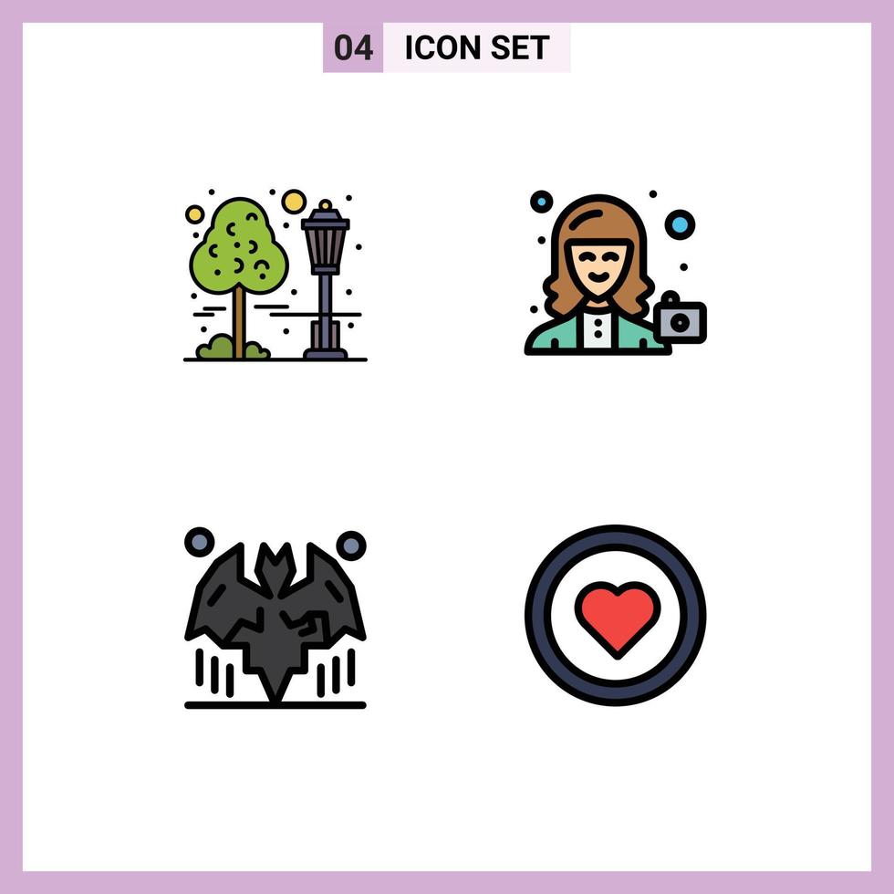 4 universelle Filledline-Flachfarben für Web- und mobile Anwendungen Baumfledermauspark weibliche Halloween-editierbare Vektordesign-Elemente vektor