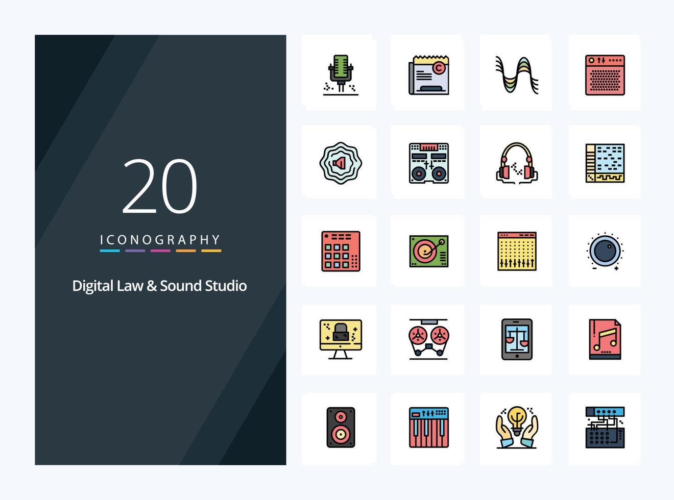 20 mit digitalen Gesetzen und Tonstudiozeilen gefüllte Symbole zur Präsentation vektor