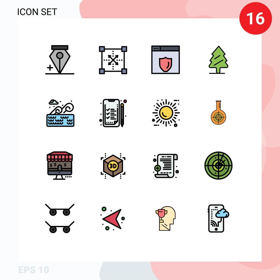 Gruppe von 16 flachen, farbgefüllten Linien Zeichen und Symbole für Platz Wasser Webserver Baum Kiefer editierbare kreative Vektordesign-Elemente vektor