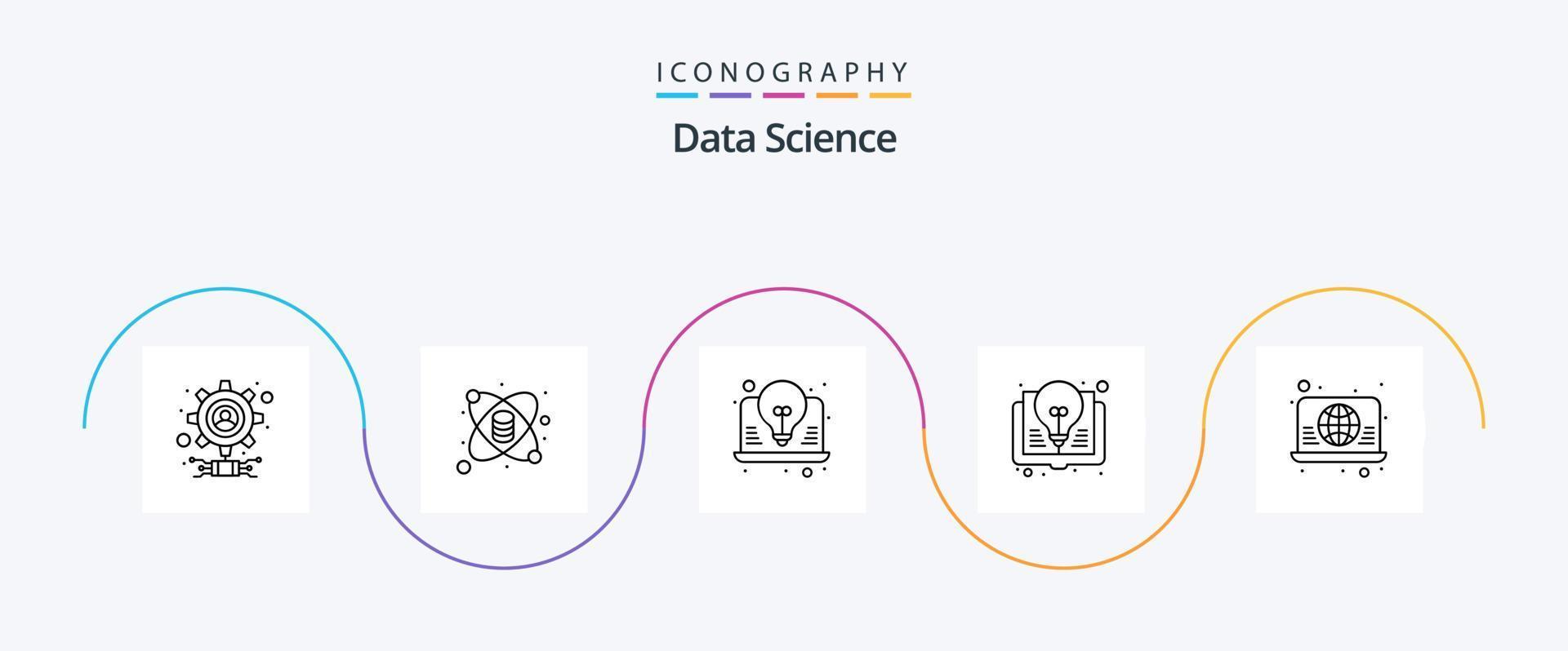 Data Science Line 5 Icon Pack inklusive Architektur. Wissen. Birne. Ideenbuch. Buchen vektor