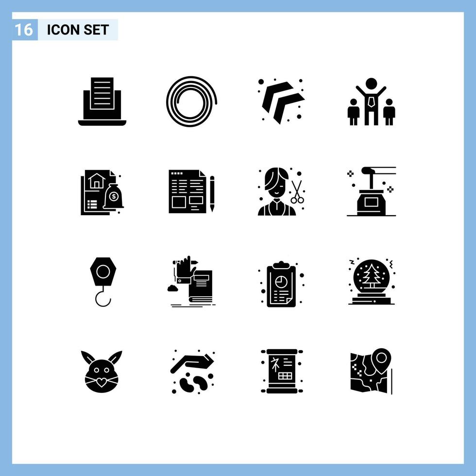 Packung mit 16 modernen soliden Glyphen Zeichen und Symbolen für Web-Printmedien wie Bleistiftdatei Firmenhypothek finanziell editierbare Vektordesign-Elemente vektor