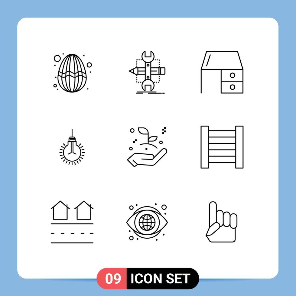 9 Umrisspaket für Benutzeroberflächen mit modernen Zeichen und Symbolen von Tipps, Glühbirnenwerkzeugen, hellem Schreibtisch, editierbaren Vektordesignelementen vektor