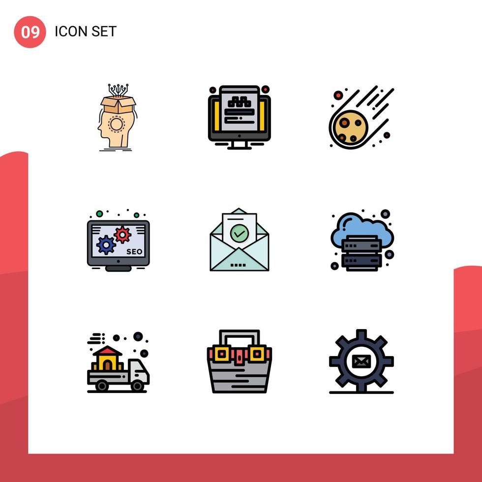Satz von 9 Vektor-Fülllinien-Flachfarben auf Raster für E-Mail-SEO-Bildschirm-Werbefläche editierbare Vektordesign-Elemente vektor