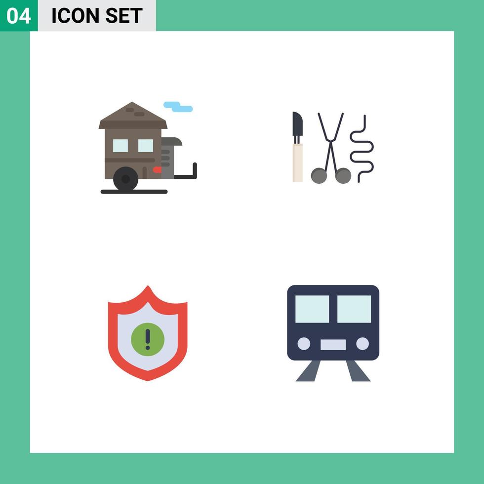 flaches Icon-Set für die mobile Schnittstelle mit 4 Piktogrammen der Camp Guard Trailer Operation, die editierbare Vektordesign-Elemente warnen vektor