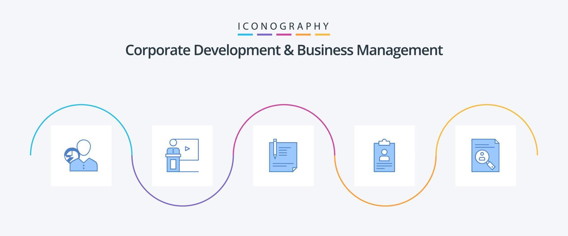 företags- utveckling och företag förvaltning blå 5 ikon packa Inklusive sida. dokumentera. företag. avtal. högtalare vektor