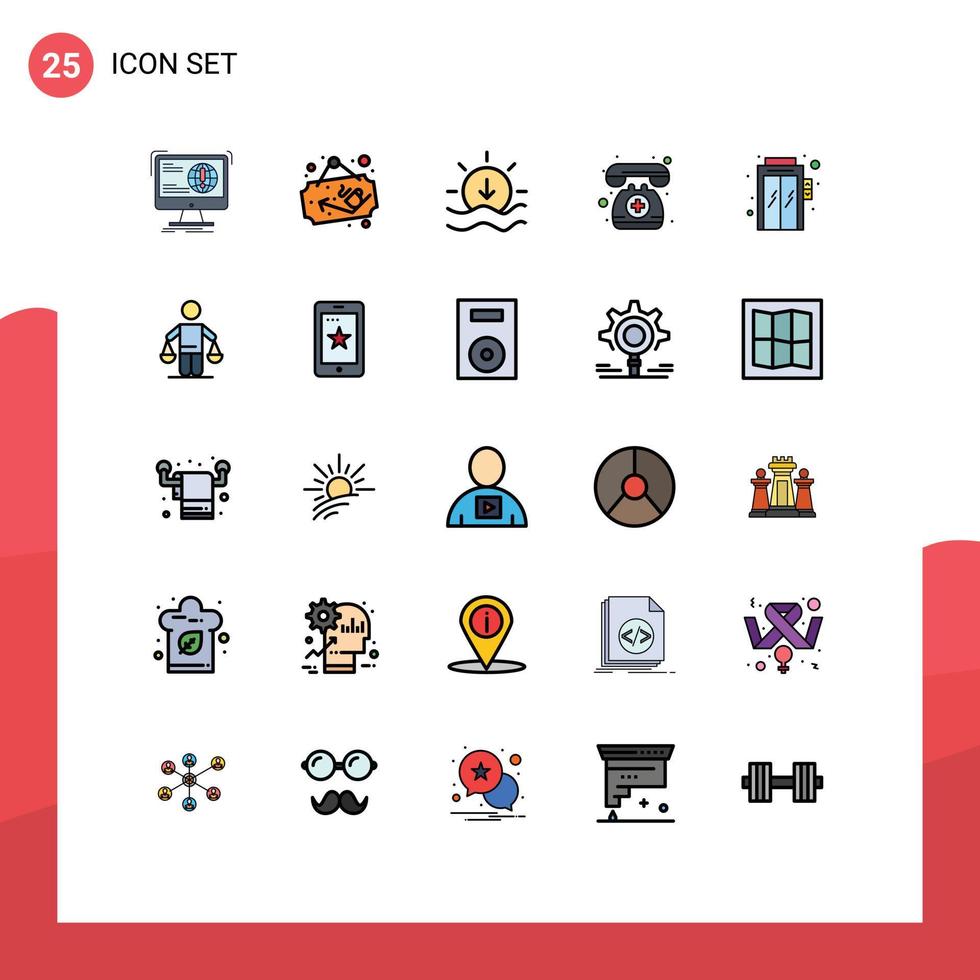 uppsättning av 25 kommersiell fylld linje platt färger packa för hiss nödsituation tecken styrelse telefon läkare på ring upp redigerbar vektor design element